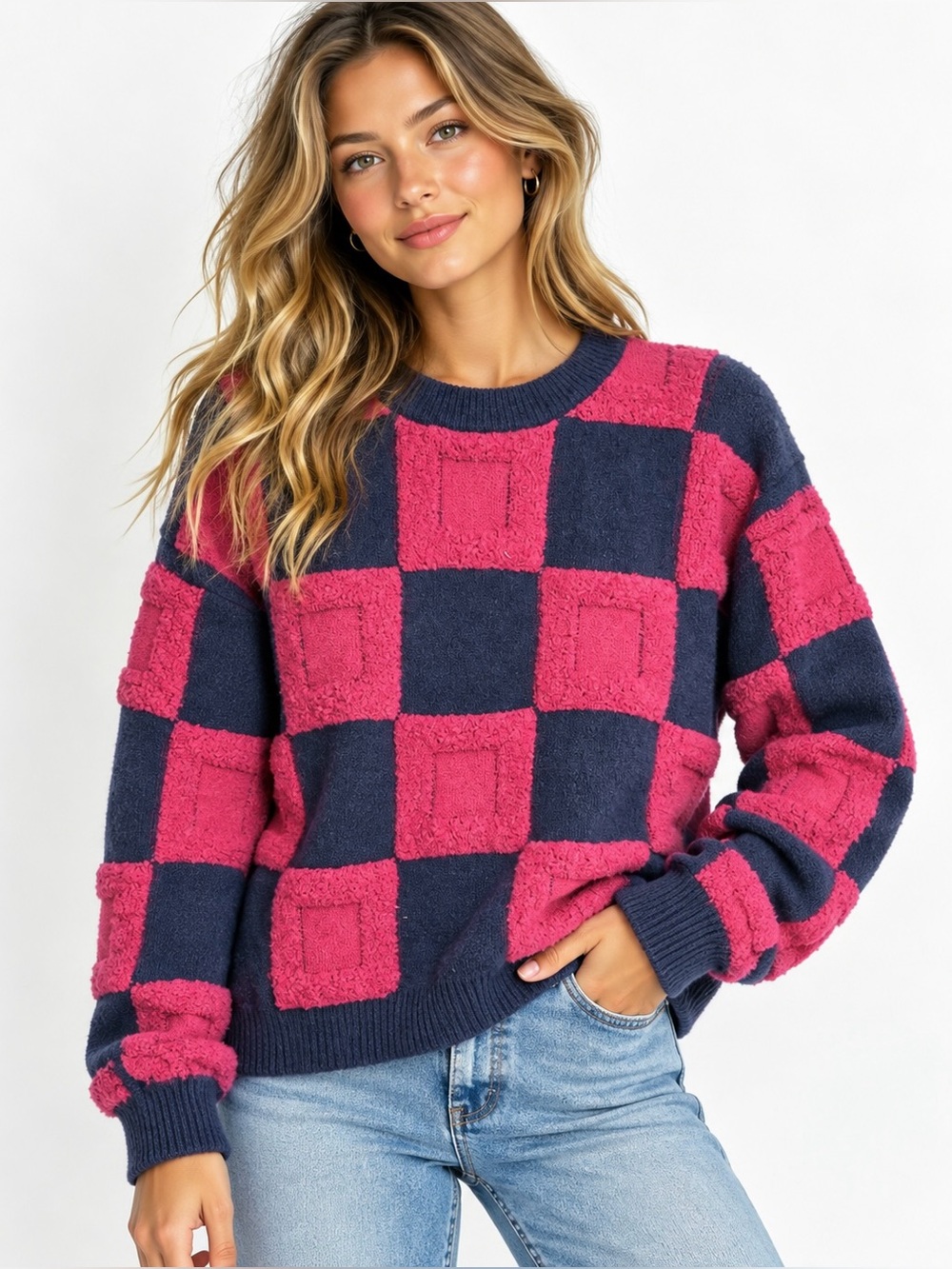 &merci Pink Navy Checkerboard Textured Sweater Size L Statement Knit